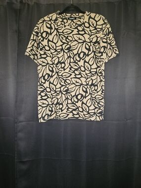 Express Men Tan Black Leaf Print Crew Neck T-Shirt All Over Floral Tee Size M